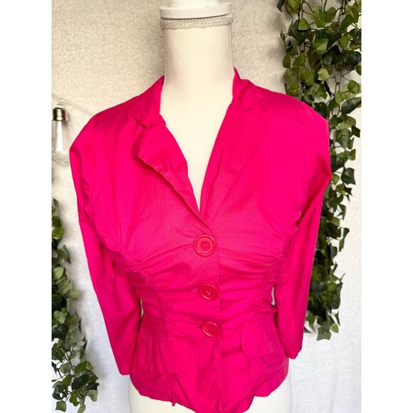Vintage Vixen Hot Pink Cotton 3/4 Sleeves Shoulder Pads Cropped Blazer Blouse - Picture 4 of 13